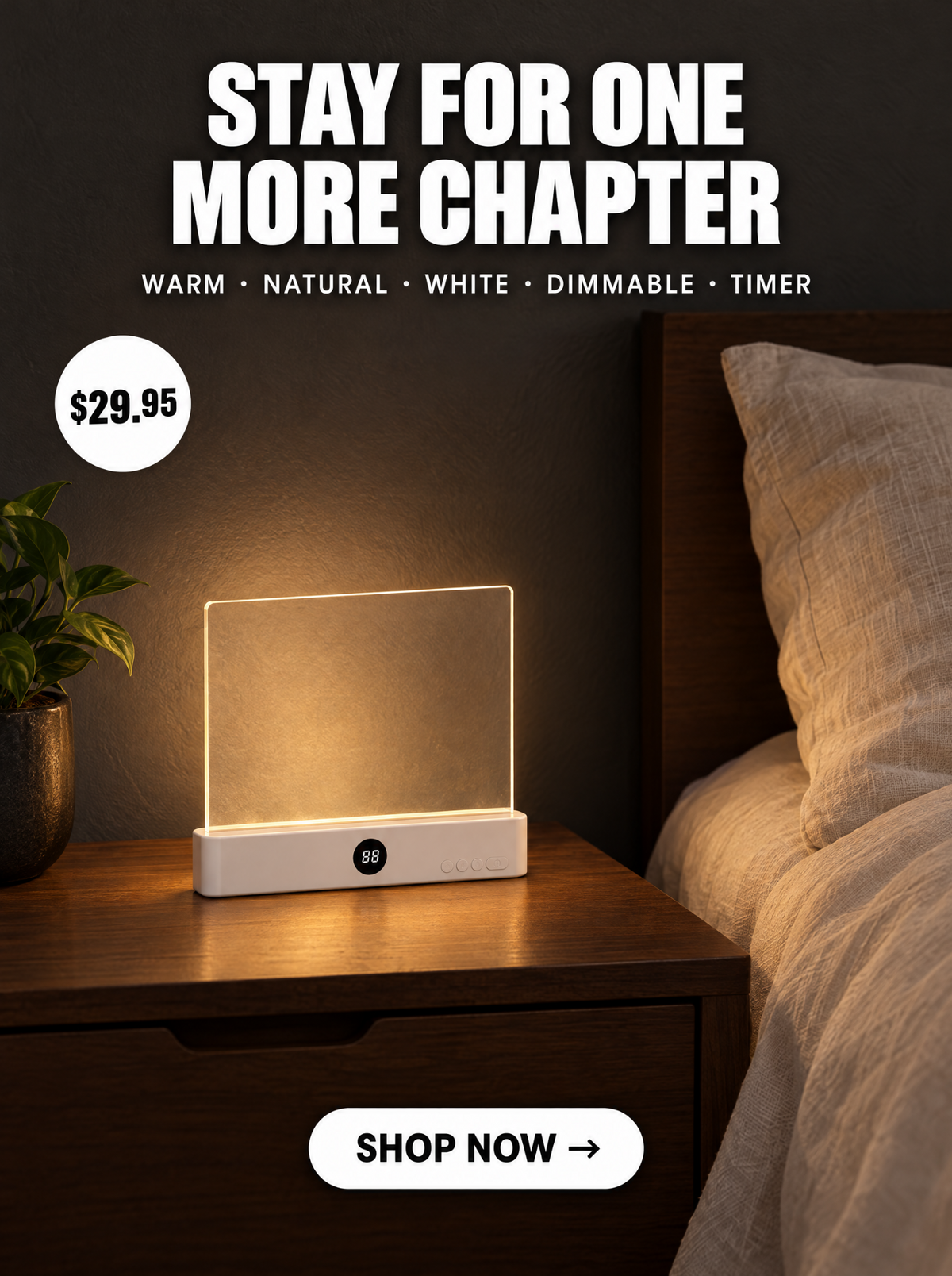 LumiKeep book light in a warm nightstand scene. Stay for one more chapter.
